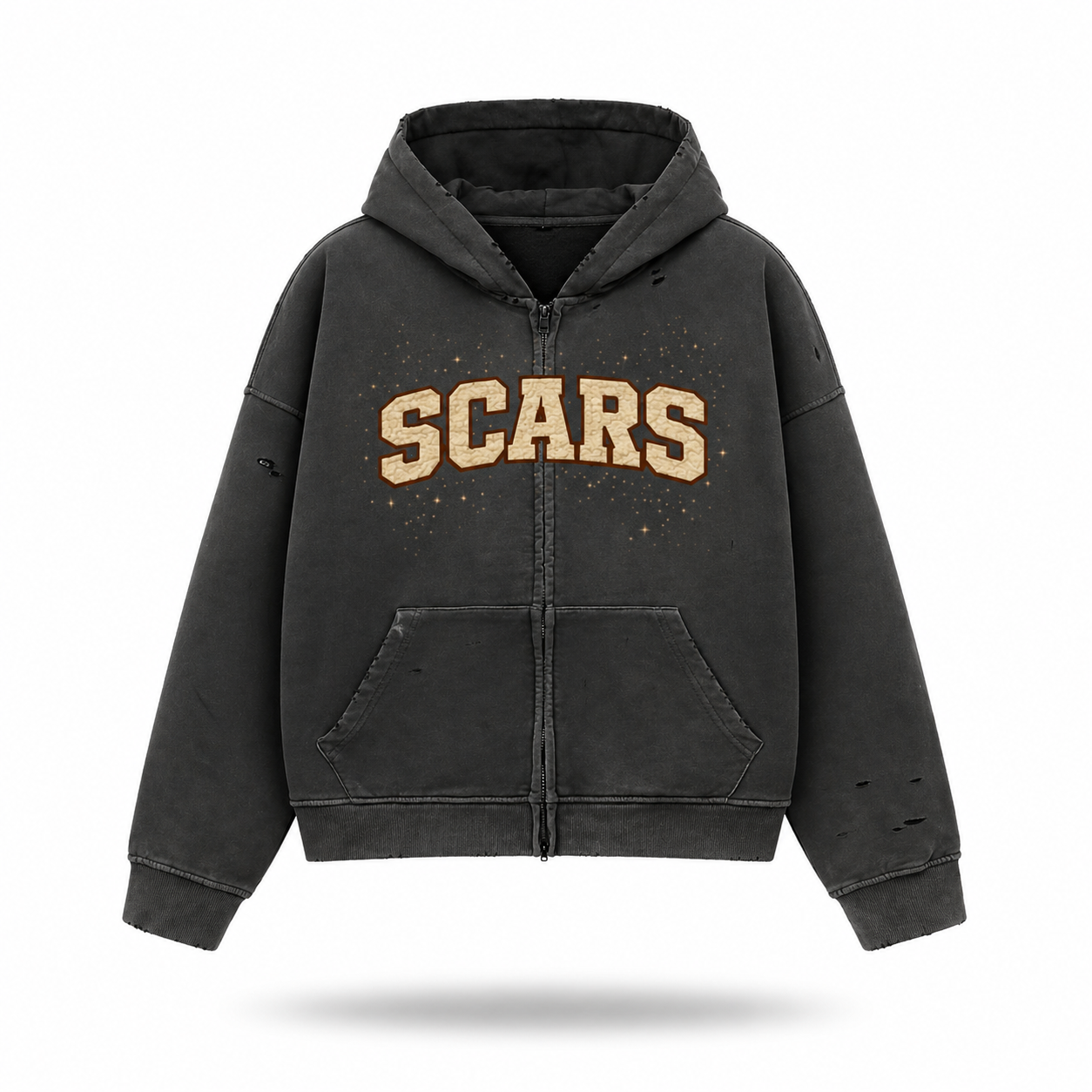 SCARS - Heavyweight Washed Distressed Dystopian Zip-Up Hoodie