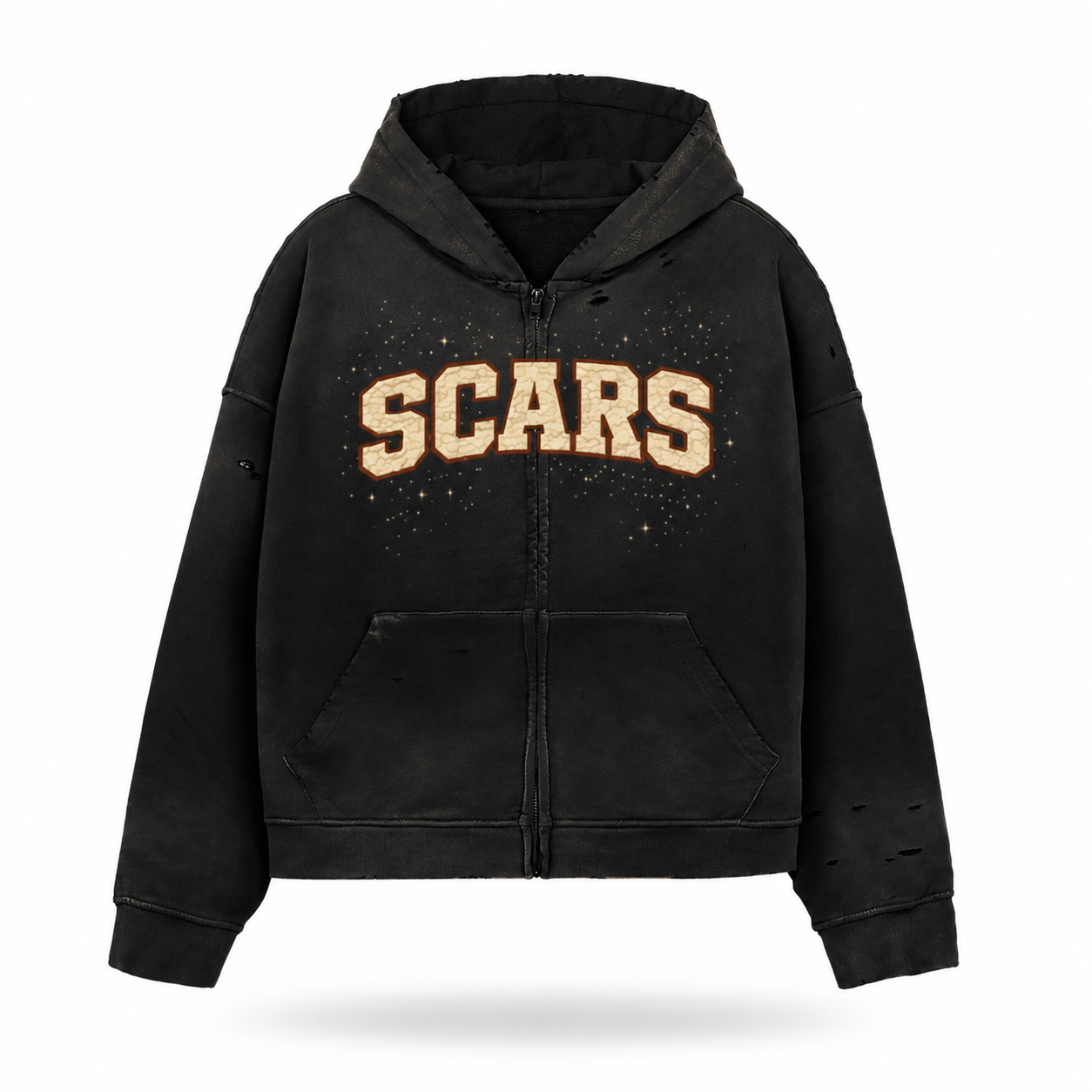 SCARS - Heavyweight Washed Distressed Dystopian Zip-Up Hoodie
