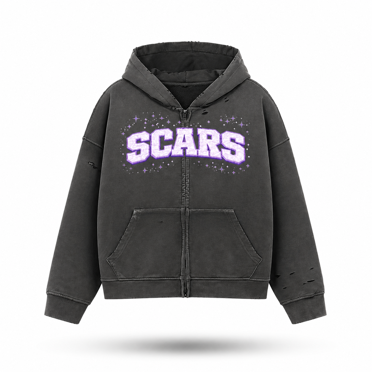 SCARS - Heavyweight Washed Distressed Dystopian Zip-Up Hoodie