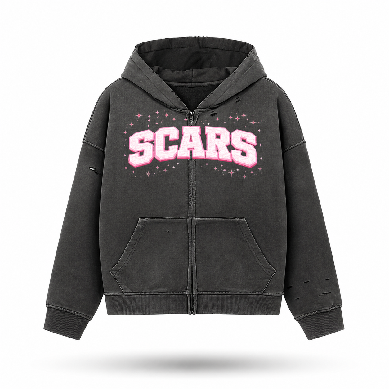 SCARS - Heavyweight Washed Distressed Dystopian Zip-Up Hoodie