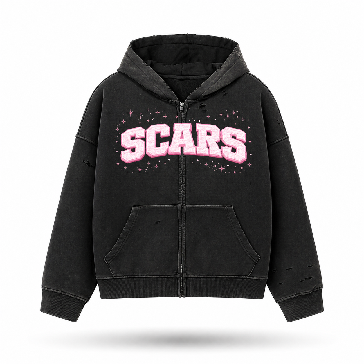 SCARS - Heavyweight Washed Distressed Dystopian Zip-Up Hoodie