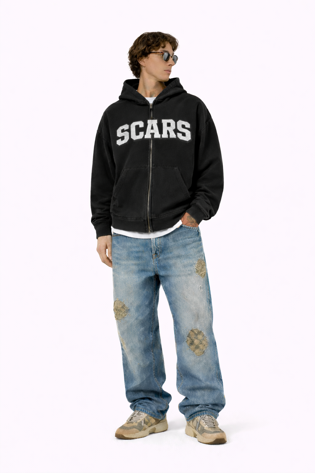 SCARS - Heavyweight Washed Distressed Dystopian Zip-Up Hoodie